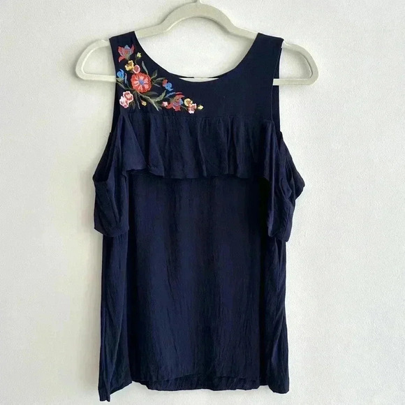 LOFT Cold Shoulder Ruffle Blouse, Floral Embroidered Top, Size Medium - Picture 2 of 16